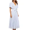 Casual Dresses Summer Solid Plain Dress With Waist Belt Women Short Sleeve V-Neck Pleated Loose For Ladies Beach Holiday Clothes
