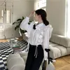 Damenblusen Frühling Herbst Mode Frauen Schwarz Weiß Hemd Stehkragen Langarm 3D-Blumen-Oberteil Bluse Elegant Rüschenboden