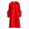 Robes décontractées robe rouge pour les femmes 45-75 kg 2023 printemps manches trois quarts lâche A-ligne extensible Miyake vêtements plissés longueur au genou