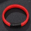 Charm Bracelets Red Braided Leather Bracelet Men Jewelry Stainless Steel Magnetic Clasp Fashion Bangles Gifts Pulsera Hombre