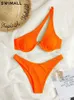 Bikinis set 2023 Sexy Ribbed Bikini One Shoulder Swimwear Women Swimsuit Push Up Bikini Set High Cut Bathing Suit Brazilian Biquni Female P230316