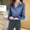 Kvinnors blusar skjortor Satinblusar för vårens eleganta chiffontröjor Kvinnor Blusar Office Lady Long Sleeve Blue Shirt Ladies Tops 230317