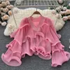Women's Blouses Fairy Foury Founced Chiffon Mouwen Blouse For Women Candy V Neck Cakee Ruches Losse Casual geplooide shirts rood roze groen