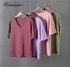 Kvinnors t-shirt Hirsionsan Summer V Neck T-shirt Kvinnor Basst SHORT SLEVE COMMAN KVINNA Mjuka tees toppar Kintwear Harajuku Tshirts For Ladies 230317