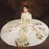 Etnische kleding champagne traditionele Chinese trouwjurk borduurwerk cheongsam tassel qipao jurken retro kleedjurk bruid tradities