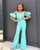 Hot Pink Girl Pageant Dress Jumpsuit 2023 Off Shoulder Puff Sleeve Flared Pants Beaded Little Kid Birthday Formal Party Gown Fun Fashion Runway Toddler Teens Aqua