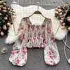 Dames Blouses Crop Top Lange mouw Bladerdeeg Chiffon Blouse Peplum Bloemen Tops Koreaanse Mode Kleding Zomer Blusas Mujer De Moda 2023