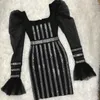 Robes décontractées femmes Sexy col carré Flare maille à manches longues noir Mini moulante robe de pansement pour 2023 été soirée Club fête