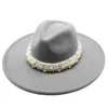 Chapeaux à large bord 9.5CM grand unisexe couleur unie simple face perle laine feutre Jazz Fedora élégant hommes femmes Panama Trilby casquette en gros