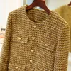 Damen-O-Ausschnitt-Mantel aus goldfarbenem, einreihigem Woll-Tweed mit langen Ärmeln SMLXL
