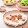 Bowls Pink Ceramic Matte Breakfast Plate Household Bowl And Set With Golden Rim Nordic Western Restaurant High-end Tableware