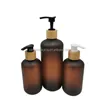 Bottiglie di stoccaggio 120ml 250ml 500ml Bottiglia per pompa per lozione PET Ambra satinata Shampoo Doccia Gel Dispenser Coperchio in bambù Disinfettante per mani vuoto 15 pezzi