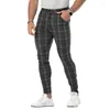 Men's Casual Pants Grey Slim Fit Cotton Check Side Stripe Ankle Pants