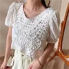 Women's Blouses 2023 Summer Crochet Top Women O-Neck Puff Sleeve Knitted Blouse Shirt Boho Sexy Hollow Out Pullover Cover Up Blusa Mujer