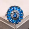 Klusterringar lyxig blå kristallsten för kvinnor design blomma bröllop silver färg damer tillbehör droppkluster