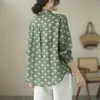 Blouses Vintage Cotton Ramie -shirt voor dames en tops dames afslaan kraag elegante camisas groen casual herfst afdrukken bloemen lange mouw