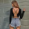 Dames t shirts dames lange mouw sexy uitsparing backless crop top solide color round nek crisscross gebonden slanke gemonteerde t-shirts blouse