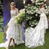 Glamorous A-line Wedding Dresses Bateau Long Sleeve Lace Applicants Hi-lo Pleats Chapel Gown Zipper Custom Made Plus Size Bridal Dress Vestidos De Novia
