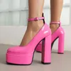 Dress Shoes Large Size 48 Women High Chunky Heels Wide Fit Thick Platform Ankle Strap Sandals Bright Patent Ladies Pumps