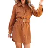 Casual Dresses Women Dress Above Knee Flap Pockets Warm Corduroy Retro Spring For Work