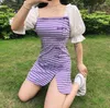 Vêtements ethniques Sexy violet Plaid col carré boucle Cheongsam robe femmes