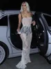 Lässige Kleider BOOFEENAA Kim Kardashian Durchsichtige weiße Partykleider mit Spitze, elegantes, sexy Spaghettiträger, rückenfrei, langes Maxikleid C85DZ11 230317