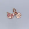 Pink Butterfly Quote Double Dangle Charm стерлингового серебра 925 Pandora Murano лэмпворк Моменты для подгонки Подвески бусины Браслеты Ювелирные изделия 782555C01 Andy Jewel