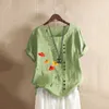 Chemisiers pour femmes Chemises Hauts pour femmes et imprimé floral Tunique ample à boutons Vêtements Boho Blouse élégante Col rond Coton Lin Blusa Feminina