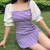 Vêtements ethniques Sexy violet Plaid col carré boucle Cheongsam robe femmes