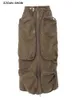 Jupes y2k safari taise élastique armée de cargaison verte jupe d'été femmes coton avant 3d poches centrales zipper maxi long 230317