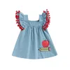 Abiti da ragazza Vestito da bambina in stile dolce Ricamo fragola Decorazione a sfera in peluche Manica in pizzo Colletto quadrato Gonna da principessa in denim