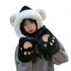 Bérets Kawaii hiver chaud épais doux chapeau écharpe gants pour femmes fille une pièce ours oreille en peluche à capuche mignon Combo Famale B95F