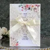 Cartes de voeux 25pcs Invitations universelles personnalisées découpées au laser avec enveloppe de ruban Mariage Baptême Anniversaire Merci Carte Articles de fête 230317