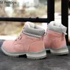 Boots Women's Pink Ankle Woman Winter PU Leather Plush Warm Waterproof Short Motorcycle Shoes Booties