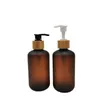 Bottiglie di stoccaggio 120ml 250ml 500ml Bottiglia per pompa per lozione PET Ambra satinata Shampoo Doccia Gel Dispenser Coperchio in bambù Disinfettante per mani vuoto 15 pezzi