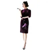 Etnische kleding lente en herfst gouden fluweel lange stijl geborduurde cheongsam borduurwerk boorhuls Chinese jurk qipao