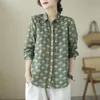 Blouses Vintage Cotton Ramie -shirt voor dames en tops dames afslaan kraag elegante camisas groen casual herfst afdrukken bloemen lange mouw