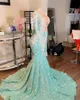 Glitter Green paljetter Mermaid Prom Dresses Sexy Illusion Mesh 2023 för svarta flickor pärlor Crystal Tassel Party Gowns Robe de Bal 322
