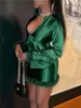 Kvinnors träningsdräkter WSevypo Green Furry Trim Satin Tvådel kjol Löar kvinnor Sexig festklubb Matchning Set Long Sleeve Tie Up Cardigans Mini