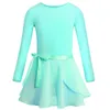 Girl Dresses Girls Ballet Leotard Dancewear Long Sleeves Dance Class Dress Gymnastics With Chiffon Tied Skirt Set Ballerina Clothing