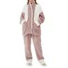 Women's Sleepwear Winter Warm Women Flannel Pajamas Set Colorblock Fuzzy Lapel Zipper Top Pants