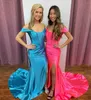 Silkeslen sträckt satin prom klänning 2k23 korsett bodice hög slitsmonterad lady preteen girl pageant klänning formell fest bröllop gäst röd capet runway svart band gala hoco