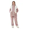 Women's Sleepwear Winter Warm Women Flannel Pajamas Set Colorblock Fuzzy Lapel Zipper Top Pants