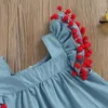 Abiti da ragazza Vestito da bambina in stile dolce Ricamo fragola Decorazione a sfera in peluche Manica in pizzo Colletto quadrato Gonna da principessa in denim