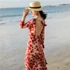 Abiti casual 2023 Resort Bali Abito bohémien Ricamo Vacanze Mare Spiaggia Donna Rosso a metà polpaccio Backless Ladies di alta qualità