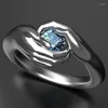 Anneaux de mariage Vinatge Argent Couleur Anneau Hip Hop Bleu Zircon Fiançailles Punk Mâle Femelle Main Câlin Réglable Pour Femmes Hommes