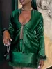 Kvinnors träningsdräkter WSevypo Green Furry Trim Satin Tvådel kjol Löar kvinnor Sexig festklubb Matchning Set Long Sleeve Tie Up Cardigans Mini