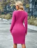 Casual Dresses Sexig V Neck Autumn Sticked BodyCon Party Oregelbundet Midi Shirring Dress Women Winter Folds Club Kne Length Vestidos