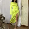 Casual Dresses 2023 Satin Long Sleeves With Shoulder Pads Zip Up Shirring Slit Bandage Midi Prom Dress Fall Wedding Party Y2K Outfit