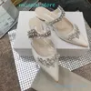 Lurum Crystal Satin Flat Mules Damtofflor Mule Slides 100 % äkta läder Dermal yttersula Satin Crystal Utsmyckad med spetsig tå Storlek 35-42 Designer Luxury